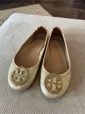 Tory Burch Classic Gold Leather Logo Ballet Flats - Women